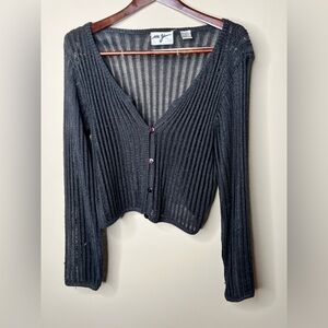 Vintage Y2K Bell Sleeve Black Off The Shoulder Knit Cardigan. Ramie Cotton. M
